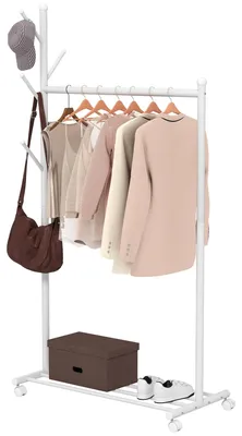 Produktbild von Kleiderst?nder mit Rollen, 5 Haken, Kleiderstange und unterer Ablage fš¹r den Eingangsbereich, 86 x 43 x 171 cm, Wei?