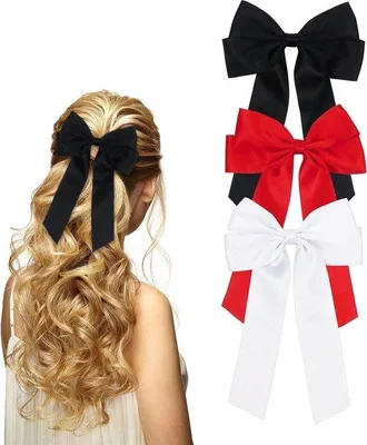 Immagine prodotto di Fiocchi per capelli da donna - Set da 3 con nastri - Nero, bianco e rosso - Per donne e ragazze