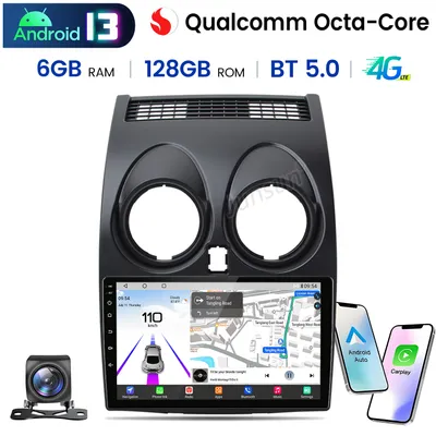 Collage of a car infotainment system, a backup camera, and phone mockups displaying Android Auto and Carplay.