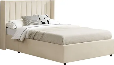 A beige upholstered bed with a tall, fluted headboard and storage base, shown against a white background.