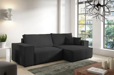 Produktbild von Ecksofa ANTONIO - MINI POSSO 255x148x70 cm; L-Form mit Schlaffunktion und Bettkästen in Schwarz / Cordbezug, Schenkel / Ottomane rechts oder links