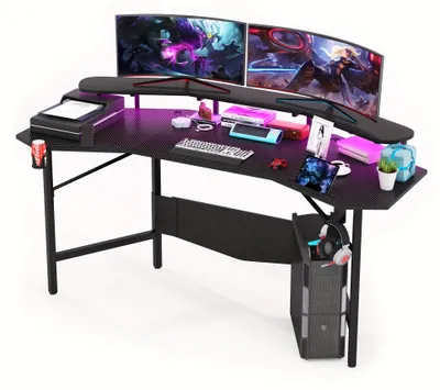 Image de Bureau de jeu – Surface de travail pour ordinateur – Avec porte-gobelet et support pour casque – Structure robuste en MDF et métal – Noir