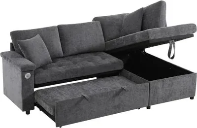 Produktbild von Modernes 209x130x84cm L Sofa Mit Ausziehbarem Schlafsofa Schlaffunktion Stauraum USB Ladegeraet Armlehnenablage 2 Kissen Grau Ecksofa