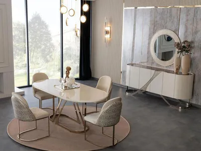 Produktbild von Esszimmer Set Esstisch Küchentisch Stühle Sideboard Spiegel Luxus Gold 7tlg