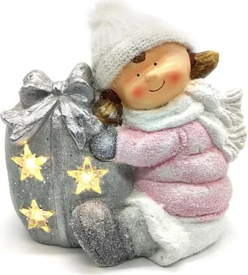 Produktbild von Winterkind Mädchen mit Geschenk und LED Sternen 28cm Dekofigur Weihnachtsdeko