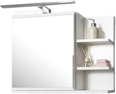 Image de Armoire miroir 60x50, blanche, avec étagères, miroir de salle de bain, meuble suspendu avec lampe LED - côté droit