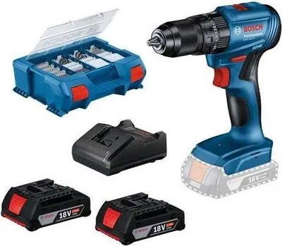 Immagine prodotto di Trapano avvitatore a percussione a batteria Bosch GSB 185-LI da 18 V con 2 batterie da 2 Ah + set di accessori da 82 pezzi 0615990N2P
