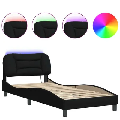 Image de Cadre de lit avec LED sans matelas Hvar noir 90x190 cm tissu