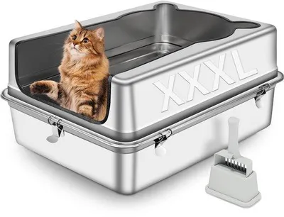 Produktbild von XL-Metall-Katzenklo, halboffener, ausnehmbarer Katzenklo aus Edelstahl mit hoher Kante, Schaufel, leckfrei, antiklebend und einfach zu reinigen