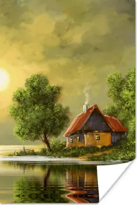 Produktbild von MuchoWow® Poster Gemälde - Ölfarbe - Haus - Natur - Wasser 120x180 cm - Kunstposter