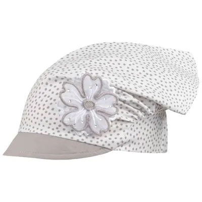 Produktbild von Kopftuch Mütze Schirmmütze Mädchen Sommer Baumwolle Punkte Blume, Grau-Creme, Gr. 48/50