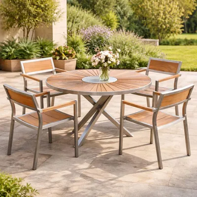 Produktbild von Teako Design Gartenmöbelset Teakholz Edelstahl Tisch 80cm mit 4 Stühlen