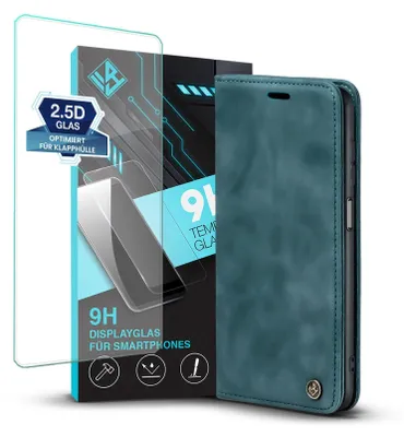 Produktbild von Handy Hülle für Samsung Galaxy A12 mit 9H Displayglas Klapphülle Bookcase Flip Cover Handy Tasche Etui Farbe: Petrol