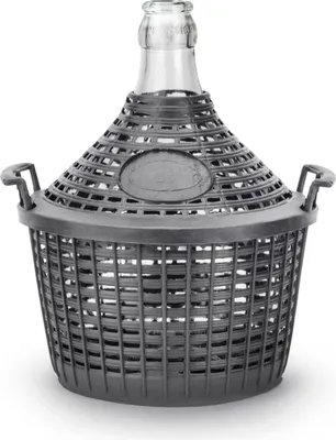 A glass carboy in a protective plastic basket.