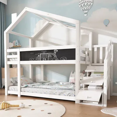 Produktbild von Kinderbett Baumhaus 90x200 cm Etagenbett Weiß aus Kiefer-Massivholz mit Tafel Treppenregal & Rausfallschutz Stabil Ohne Matratze