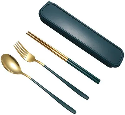 Zdjęcie produktu dla Zestaw sztućców ze stali nierdzewnej: łyżka, widelec, nóż, etui podróżne, złoto + zieleń