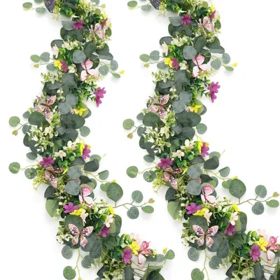 Produktbild von Künstliche Blumengirlande Eukalyptus 2 Stück 5.68FT mit 3D Schmetterlingen und Blumen für Deko