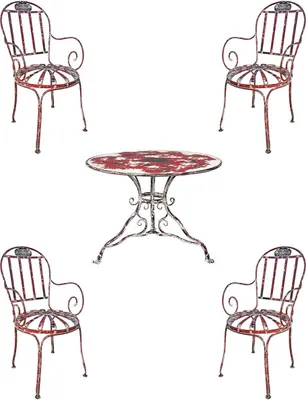 Produktbild von Casa Padrino Jugendstil Schmiedeeisen Gartenmöbel Set Antik Rot / Weiß - 1 Garten Tisch & & 4 Garten Stühle mit Armlehnen - Barock & Jugendstil Gastronomie & Garten Möbel