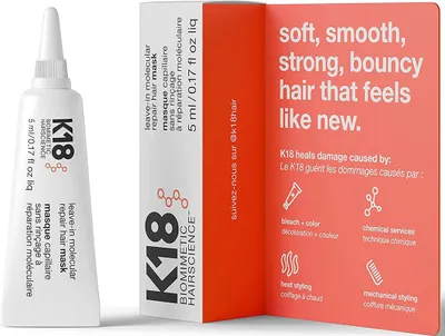 A product shot of a K18 Leave-In Molecular Repair Hair Mask tube and its packaging.