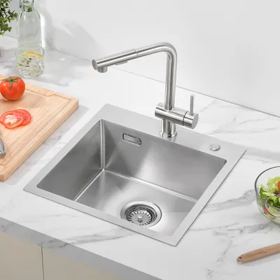 Obrázek produktu pro Auralum Kuchyňský dřez 45 x 45 cm Dřez z nerezové oceli Vestavný dřez Dřez se 2 montážními otvory + odtoková souprava, bez dávkovače mýdla