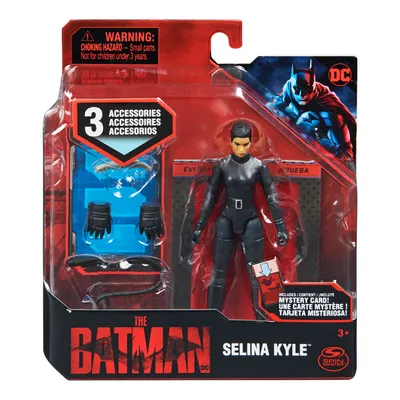 A toy action figure of Selina Kyle from The Batman movie, displayed in its original packaging.