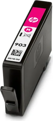 A black HP ink cartridge with a pink label.