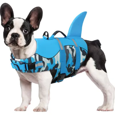 Hunde-Schwimmweste Hai-Stil, blau Camo, M, mit Griff