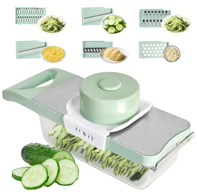 Produktbild von 6 in 1 Verstellbarer Edelstahl-Gemüsehobel mit Auffangbehälter, Dick-/Dünnschneider, Reibe für Gemüse und Käse, Kartoffelschneider, Karottenreibe, Knoblauchreibe, mit Fingerschutz (Grün)