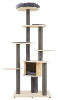 Imagen del producto de Un rascador para gatos alto, con un diseño de varios niveles y un techo acolchado, de color gris