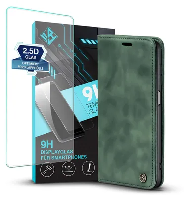 Produktbild von Handy Hülle für Samsung Galaxy A13 mit 9H Displayglas Klapphülle Bookcase Flip Cover Handy Tasche Etui Farbe: Grün