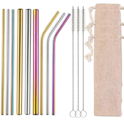 Edelstahl-Trinkhalme, 9 Stück, mit 3 Reinigungsbürsten, Metallic