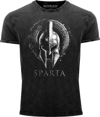 Produktbild von Herren Vintage Shirt Aufdruck Sparta Helm Krieger Warrior Printshirt T-Shirt Used Look Slim Fit Neverless® schwarz schwarz 3XL