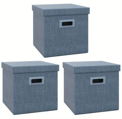 Image de Lot de trois boîtes de rangement – empilables et pliables, en plastique bleu, dimensions 30x30x29 cm