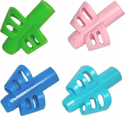 Four colorful pencil grips are arranged in a 2x2 grid against a white background.