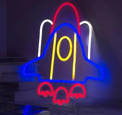 Image de Lumière LED NEON, luminaire mural décoratif, fusée navette spatiale bleue, env. 42 x 32,5 x 2 cm