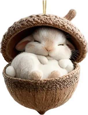 A cute, fluffy white bunny is sleeping inside a brown acorn ornament.
