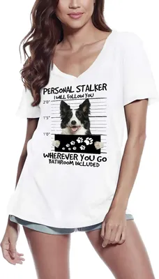 Produktbild von Damen Grafik T-Shirt V-Ausschnitt Border Collie Personal Stalker - ich folge dir wohin du gehst Hund – Border Collie Personal Stalker - I Will Follow