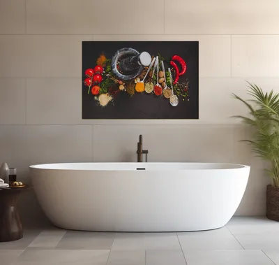 Produktbild von Wallario wasserfestes Poster selbstklebend 91,50 x 61 cm, Mörser mit Kräutern und Gewürzen, Badezimmerposter Spritzschutz mit Hochglanzoberfläche in Glasoptik