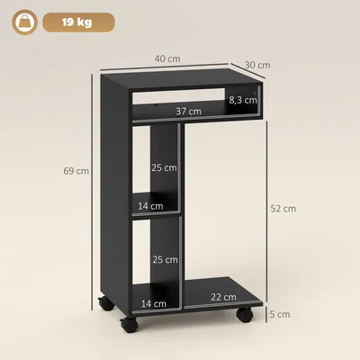 Produktbild von Beistelltisch C-Form Nachttisch mit 4 Regalen, Rollen, Couchtisch, Wohnzimmertisch Laptoptisch fš¹r Wohnzimmer Schlafzimmer 40 x 30 x 69 cm Schwarz