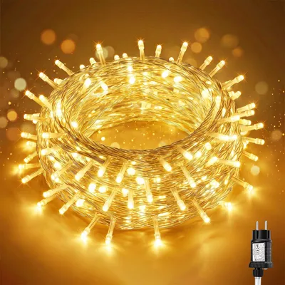 Productafbeelding van SALCAR 10 meter LED-lichtketting voor buiten, lichtketting voor kerstversiering, met stroomaansluiting, 8 lichtmodi, timer en geheugenfunctie, IP44 waterdicht, geschikt voor kerstdecoratie, feestjes en bruiloften, met transparante kabels, warmwit licht