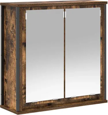 A product shot of a wooden bathroom cabinet with mirrored doors.