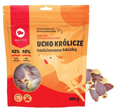 Zdjęcie produktu dla Maced Ucho Królicze Nadziewane Kaczką Gryzak Przysmak Dla Psa 500g