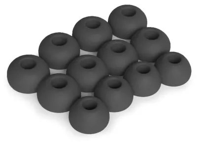 A collection of black silicone earbud tips arranged in a grid.
