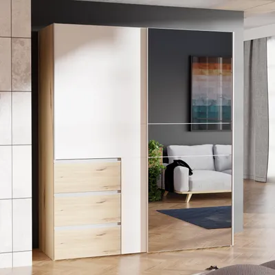 Produktbild von Forte WINN 2 Kleiderschrank 170, moderner Kleiderschrank mit 2 Schwebetüren und 3 Schubladen, Holzwerkstoff, Weiß mit Artisan Eiche Holzdekor, 170,3 cm breit x 200,5 cm hoch x 61,2 cm tief