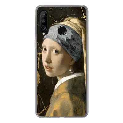 Produktbild von MuchoWow® Handyhülle Schutzhülle Hülle für Huawei P30 Lite Mädchen mit einem Perlenohrring - Marmor - Gold Silikon Softcase Handy Hülle - Handyhülle