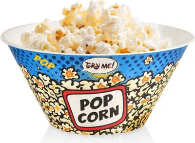 A bowl of popcorn with a colorful design.