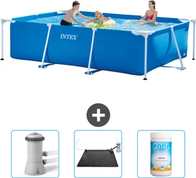 Produktbild von Intex-Schwimmbecken mit rechteckigem Rahmen – 300 x 200 x 75 cm – Blau – im Lieferumfang enthalten Filterpumpe für Schwimmbad - Solarmatte - Chlor