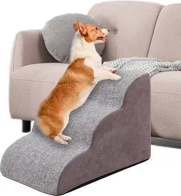 Image de escalier 3 marches pour animaux domestiques pour lits hauts et canapés pour petits chiens - Echelle en mousse haute densité pour vieux chats et chiots - Tabouret intérieur Gris