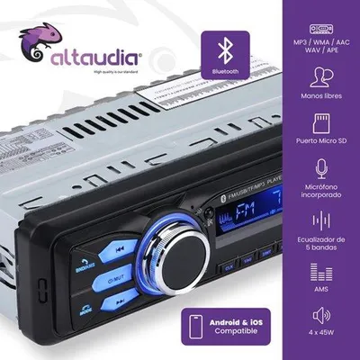 Zdjęcie produktu dla Radio samochodowe – format 1 DIN – 4x45W – Bluetooth 5.0, wejście AUX, odtwarzacz MP3, 2 porty USB, FM, zestaw głośnomówiący, 7 kolorów podświetlenia, pilot, funkcja zapamiętywania ustawień, wyświetlacz LCD, kompatybilność z iOS i Android