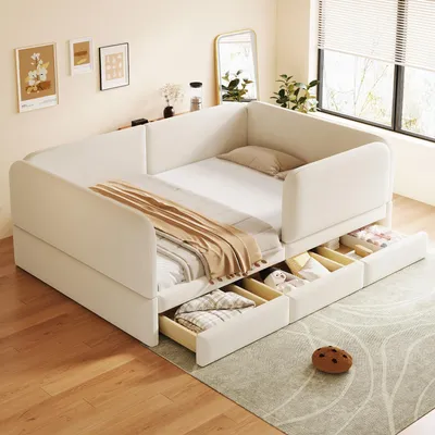 Produktbild von Flieks Kinderbett mit Rausfallschutz, Schlafsofa 140x200cm mit 3 Schubladen, Tagesbett Doppelbett mit Rückenlehne, Samt, Beige